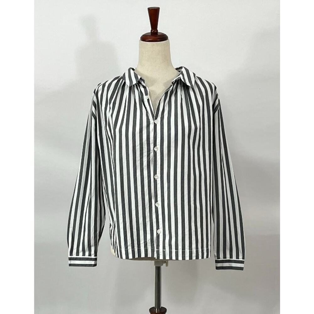ICHI Antiquites OS S M L Stripe Button Front Shirt Gray Ivory